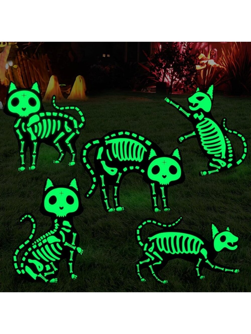 🎃5pcs Halloween Black Skeleton Cat Silhouette Skull Cat Signs Waterproof Decor